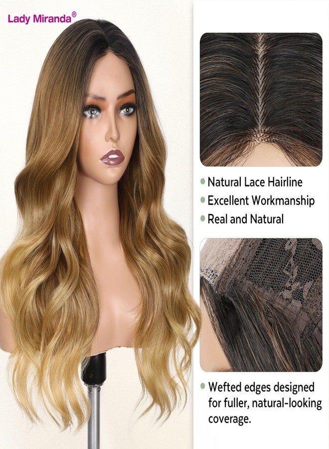 Lady Miranda Ombre Blonde Wavy Wig Middle Part Curly Wavy Wigs for Women Natural Looking Long Blonde Highlights Wigs Synthetic Wig Ombre Brown Natural Wavy Hair (1-Ombre Blonde Highlight 22) - Image 2
